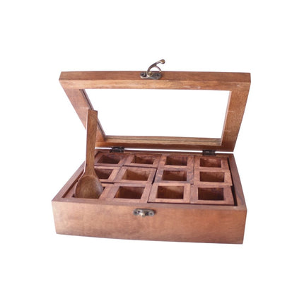 Wooden Spice Box with 12 Compartments & Scoop
