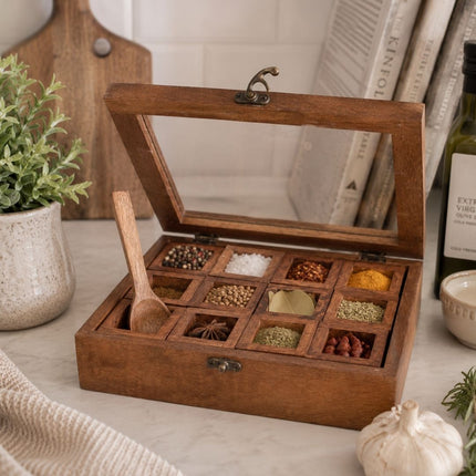 Wooden Spice Box with 12 Compartments & Scoop