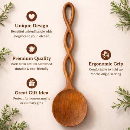 This twisted long handle wooden spoon is easy to clean and perfect for daily use.