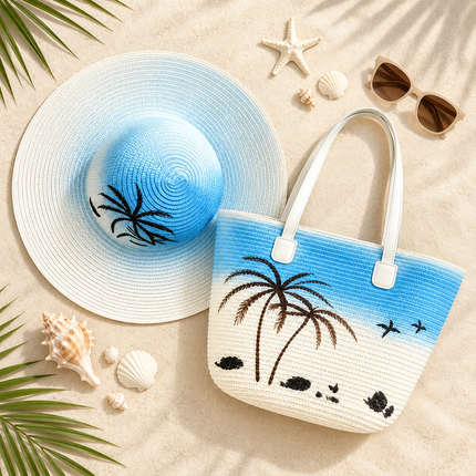 Straw Hat & Tote Bag Set – Palm Tree & Bird Print