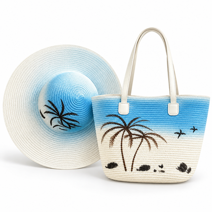 Straw Hat & Tote Bag Set – Palm Tree & Bird Print