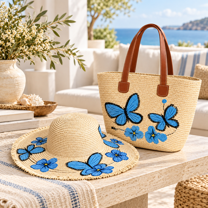 Straw Hat & Tote Bag Set – Blue Butterfly & Floral