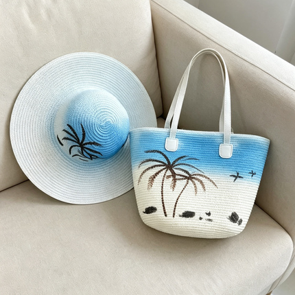 Straw Hat & Tote Bag Set – Palm Tree & Bird Print