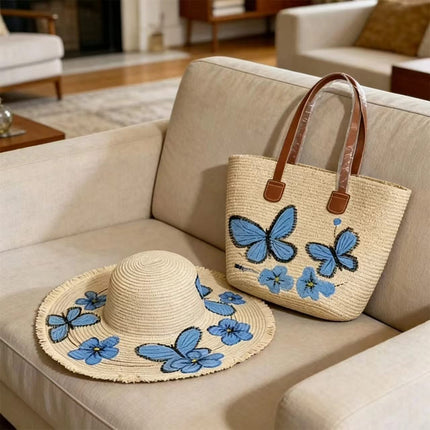 Straw Hat & Tote Bag Set – Blue Butterfly & Floral