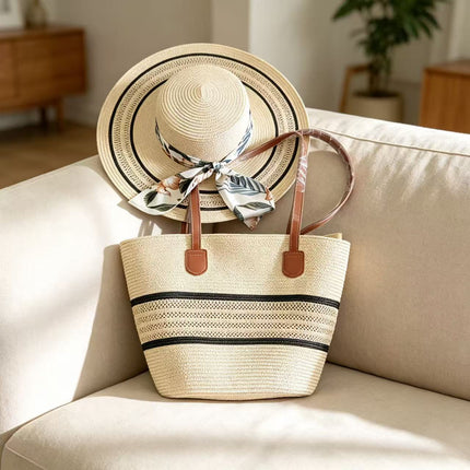 Lace-Trimmed Straw Hat & Tote Bag Set