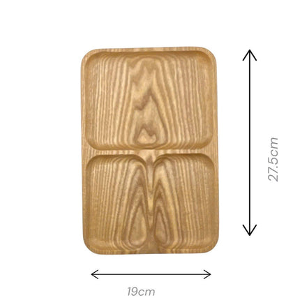 Ash wood rectangle serving tray with 3 compartments for coffee, snacks, fruits, and healthy meals.