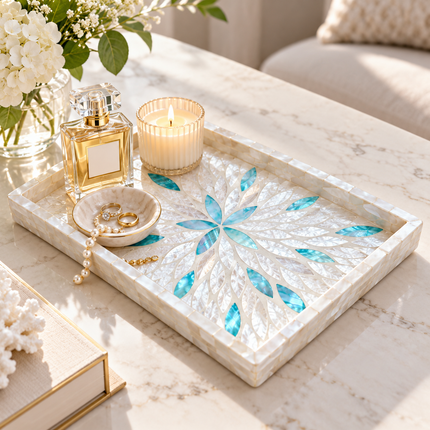 Rectangular Pearl Shell Decorative Tray Blue Crystal