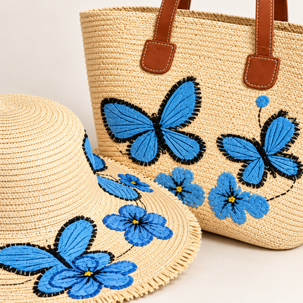 Straw Hat & Tote Bag Set – Blue Butterfly & Floral