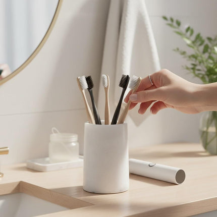 White Round Marble Bathroom Tumbler, 7 × 10 cm