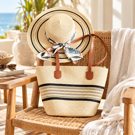 Lace-Trimmed Straw Hat & Tote Bag Set