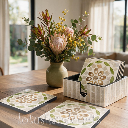 handcrafted vietnamese artisan mother of pearl coaster set - luxury home decor.