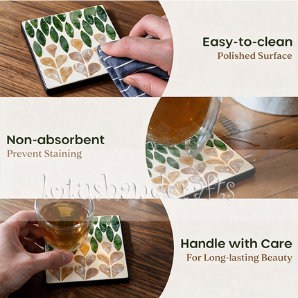 easy-clean green foliage coasters -natural pearl shell, stain-resistant finish.
