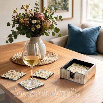 top view of matching storage holder with green leaf floral mother of pearl inlay.