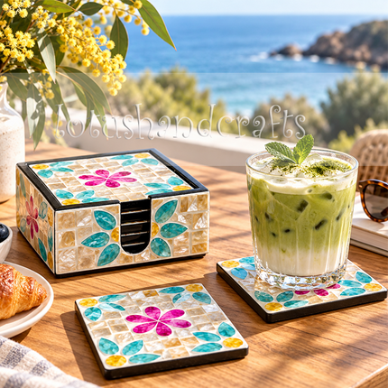 artisanal seashell coaster set — radiant pink, turquoise and pearl tones for luxury home styling.