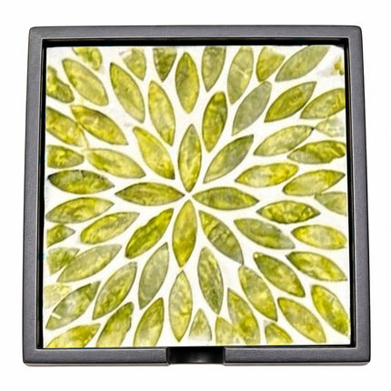 radiant green leaf mosaic mother of pearl coaster set with matching holder.