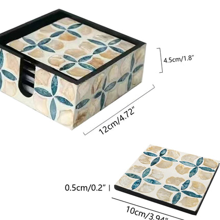 6-piece square mother of pearl coasters handcrafted with natural sea shell inlay.