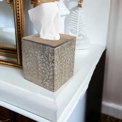 White Mango Wood Tissue Holder, 14 × 16 cm