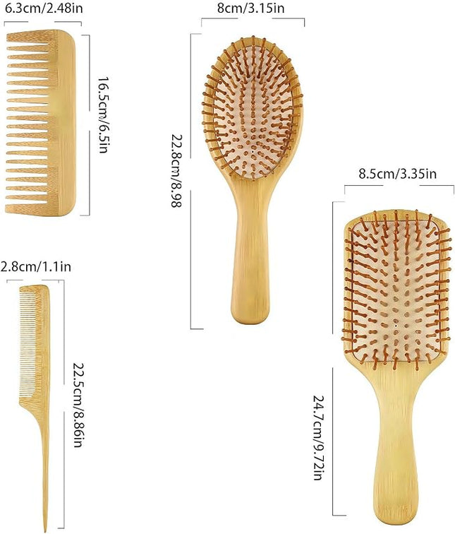 4PCS Hairbrush and Comb Set Wooden Bamboo Hairbrush With Paddle Type Cleaning Brush Natural Hairbrush Eco-Friendly Bristles Free,Suitable For Women, Men Thick/Thin/Curly/Dry Hair Gift Set