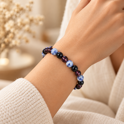 Blue Lace Agate & Black Agate Natural Stone Bracelet approx 18–18.5 cm