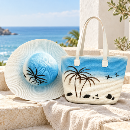 Straw Hat & Tote Bag Set – Palm Tree & Bird Print