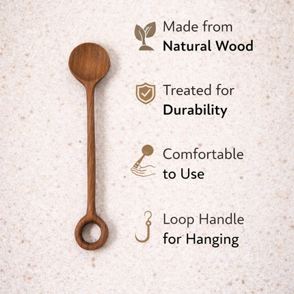 Ash wood loop handle spoon is easy to use offering a comfortable grip and smooth handling for everyday cooking and serving needs.