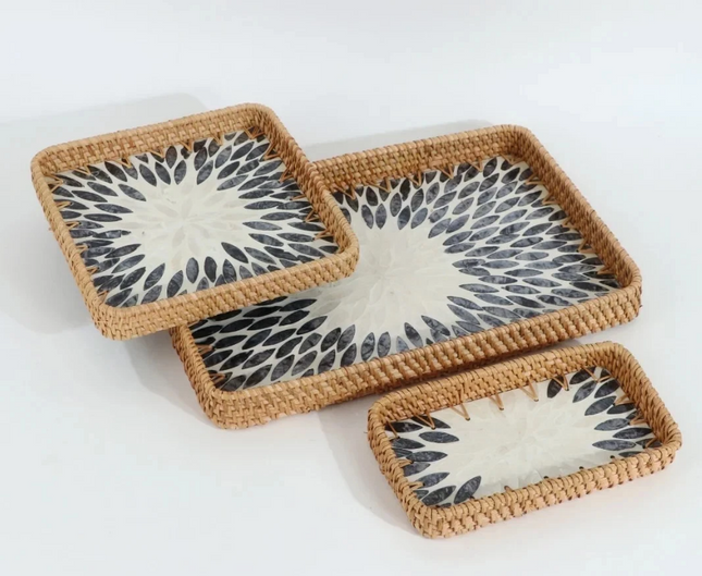 Eco-friendly rectangle rattan tray with handcrafted mother of pearl inlay.