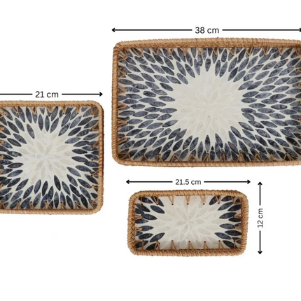 Handcrafted rectangular rattan tray with shimmering mother.