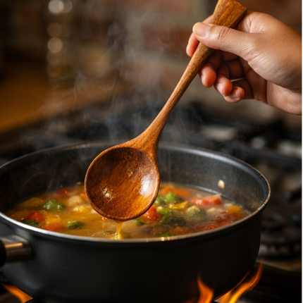 Handmade wooden spoon with long handle and deep bowl crafted from natural wood for versatile everyday kitchen use.
