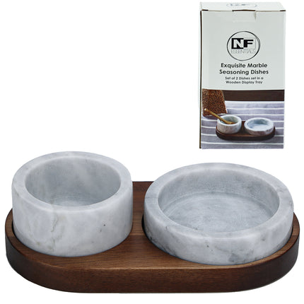 Marble Seasoning Bowls with Acacia Wood Base