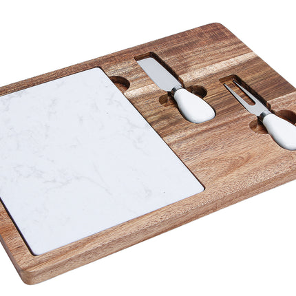 Acacia Wood & Marble Cheese Board Set with 3 Tools