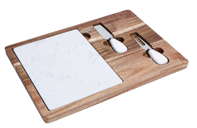 Acacia Wood & Marble Cheese Board Set with 3 Tools