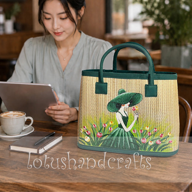 Handmade woven seagrass tote bag with a charming green lady design.