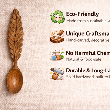 Hand carved leaf shaped wooden spoon offers durability natural beauty and a comfortable grip for everyday cooking and serving.