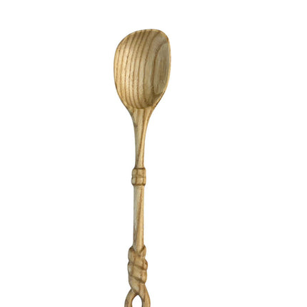 Beautiful hand carved rope handle wooden spoon handmade with natural wood texture perfect for cooking serving and rustic kitchen decor.