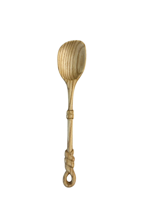 Beautiful hand carved rope handle wooden spoon handmade with natural wood texture perfect for cooking serving and rustic kitchen decor.