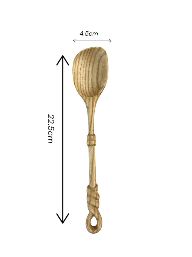 Hand carved rope handle wooden spoon available in multiple size options suitable for cooking serving and everyday kitchen use.