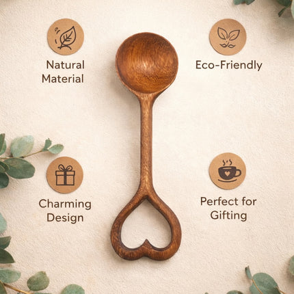 Hand carved heart spoon designed to be user friendly with smooth grip and elegant natural wooden finish.