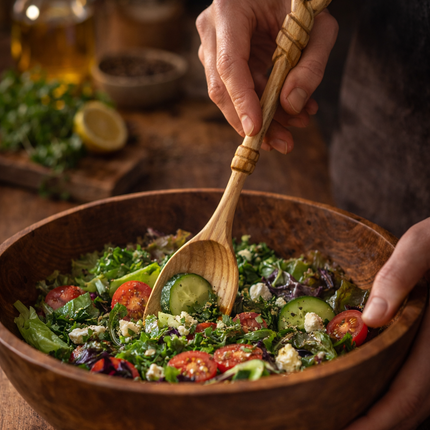 Hand carved rope handle wooden spoon perfect for serving meals adding a natural rustic touch to your dining table.