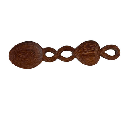 handcarved wooden lovespoon made from natural wood, featuring a round spoon bowl and a twisted double-helix handle.