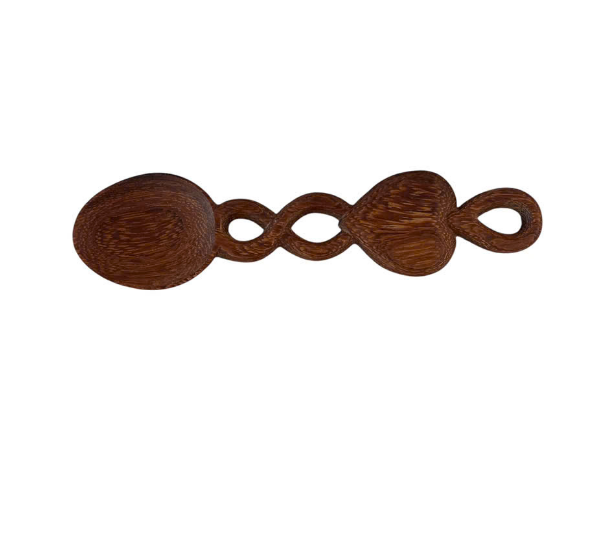 handcarved wooden lovespoon made from natural wood, featuring a round spoon bowl and a twisted double-helix handle.