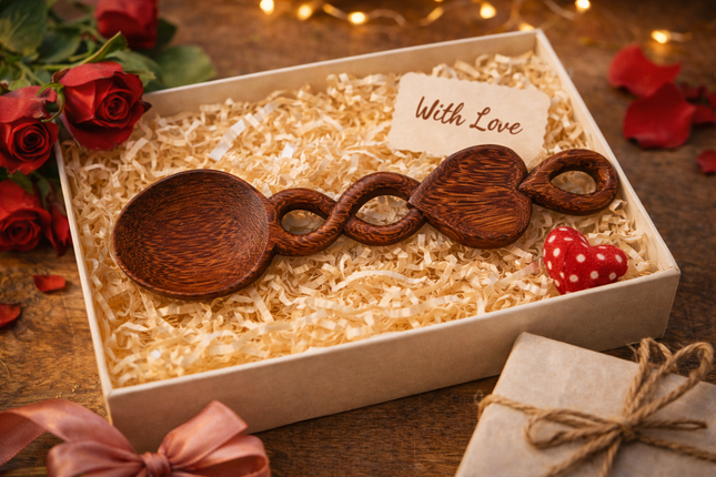 Elegant heart carving and interlocking oval cutouts, symbolizing love, connection, and unity.