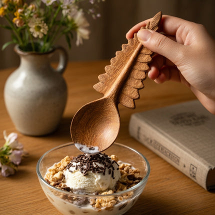 Handcrafted fern leaf wooden spoon is easy to clean and perfect for everyday use in a natural and simple kitchen style.