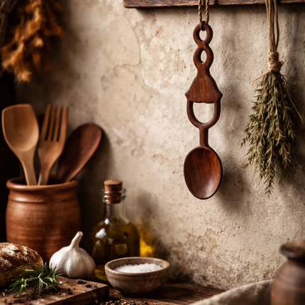 Handmade Redwood Spiral Spoon, a charming wooden piece perfect for kitchen decor.
