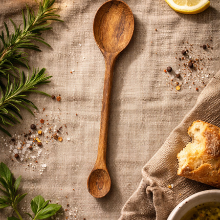 Handcrafted wooden dual tasting spoon handmade for safe healthy use in cooking and serving food daily.