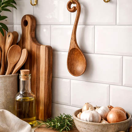 Handcrafted wooden spoon with hole designed for cooking and decor adding natural charm to your kitchen space.