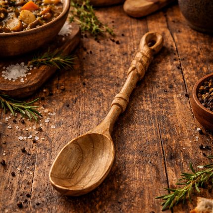 Handmade twisted handle cooking spoon is durable reliable and comfortable for everyday cooking in the kitchen.