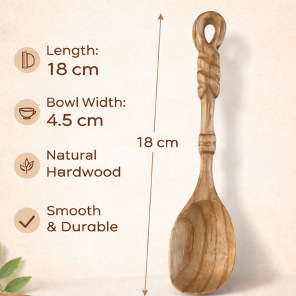 Handmade twisted handle cooking spoon is safe for cooking with natural wood and comfortable handle for everyday kitchen use.