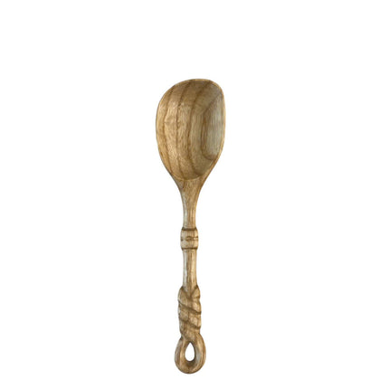 Handmade twisted handle wooden cooking spoon for natural kitchen use perfect for stirring soup serving food and everyday home cooking.