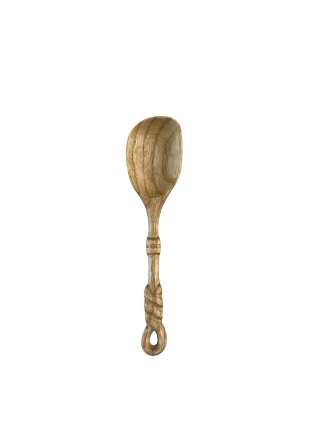 Handmade twisted handle wooden cooking spoon for natural kitchen use perfect for stirring soup serving food and everyday home cooking.