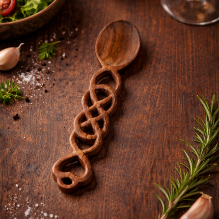 Handmade wooden heart spoon with an oval bowl and intricately carved heart-pattern handle, designed for elegant serving and everyday dining.